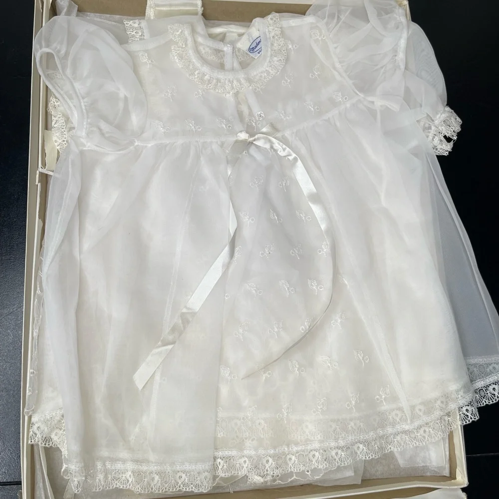 Vintage Madonna 4 piece white lace christening gown with a matching bonnet